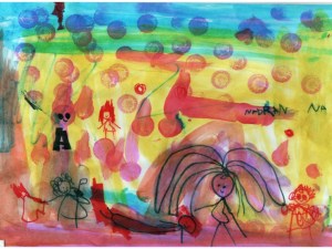 Jesus in a manger, Mary with long hair and Joseph with a staff and smiling angels watching over them. The dots are stars and celebrations